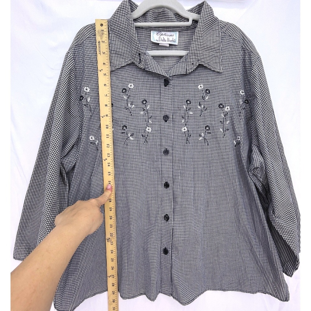 Vintage 90s Delta Burke Black White Gingham Floral Embroidered Button Up 3X Top - Picture 6 of 9